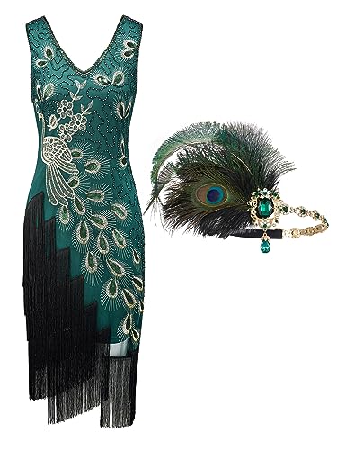 SWEETV Women's 1920s Vintage Peacock Flapper Dresses Sequin Beaded Fringed Gatsby Dress with Headband Green X-Large