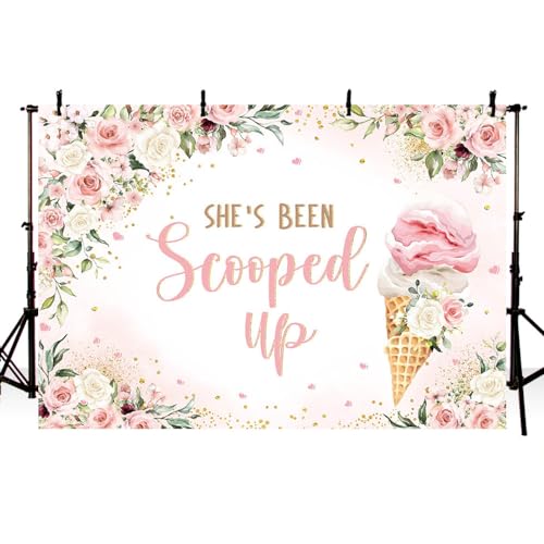 MEHOFOND Ice Cream Bridal Shower Backdrop She's been Scooped Up Pink Floral Bridal Shower Background Summer Couple Wedding Bride to Be Engagement Party Decorations Banner Photo Props 7x5ft