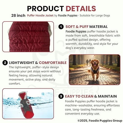 Image of Foodie Puppies Dog Puffer Hoodie Warm Winter Jacket - (Maroon Grey, 28 Inch) for Large Dogs | Ultra Warm Waterproof & Windproof Fur Coat | Washable Pet Vest Apparel for Cold Weather