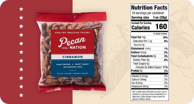 Miniatura 3 de Pecan Nation Mitades de nuez pecana de Georgia tostadas con canela, 16 oz., Natural, Sin conservantes, Ricas en antioxidantes, Sin OMG, Aperitivo
