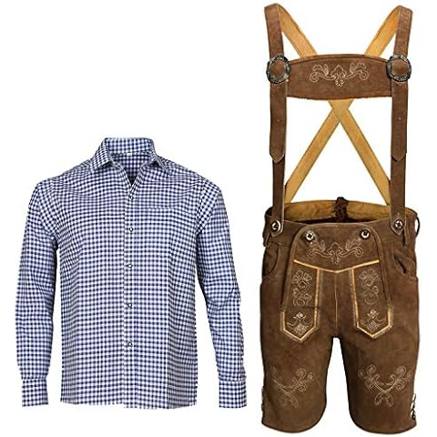 Herren Trachten Set Lederhose mit Trägern + Trachten Hemd Bayerische Oktoberfest (Hose + Hemd) BKB02 (Lederhose 56 + Hemd XL) Cover