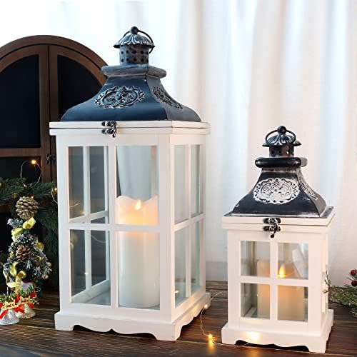JHY DESIGN Set of 2 White Wood Decorative Candle Lanterns Metal Lanterns for Indoor Outdoor Garden Weddings Vintage Hanging Lantern(White Wood, Antique Grey Metal)