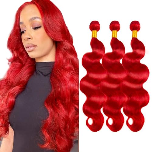 AiPliantfis 26 28 30 Inch Red Body Wave Bundles Human Hair 3 Bundles 50 Gram Per Bundle Unprocessed Brazilian Virgin Remy Hair Red Color Body Wave Bundle Human Hair Weave Extenions