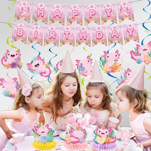 Image of Axolotl Birthday Party Decorations, 15PCS Axolotl Theme Birthday Banners Hanging Swirl Honeycomb Centerpieces, Cute Salamander Party Decor Kids Girls