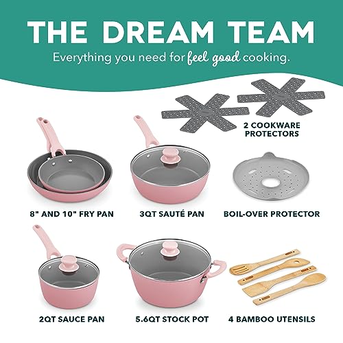 DASH Dream Green Nonstick Ceramic Cookware Set, 15 Piece, Pink - Recycled Aluminum and Ceramic, Nonstick Cookware Set, Oven Safe and Compatible with All Cooktops