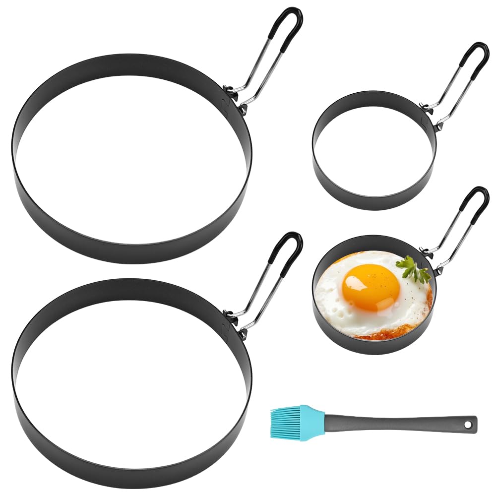 CAREDGO 4 Pezzi Stampo per Uova in Acciaio Inox Stampo per Pancake Grande Formine per Uova al Tegamino Formine per Pancake Antiaderente con 1 Pennello ad Olio per Cucinare Uova Fritte Muffin (9cm/5cm)