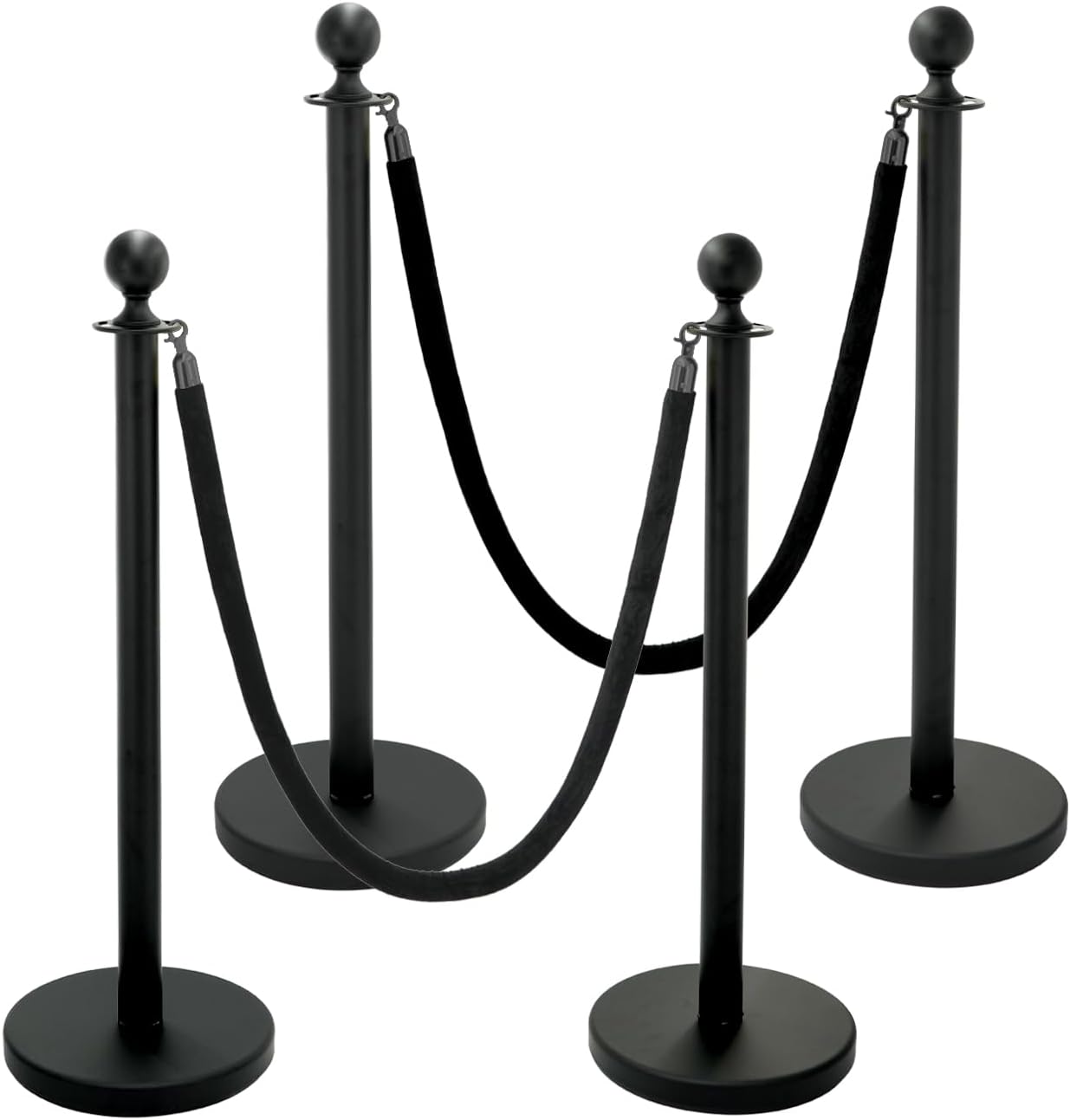 Black Stanchion Post with Velvet Rope Set (4 Posts + 3 Ropes) - Crowd Control Barriers for Events, Parties, Museums & Hotels