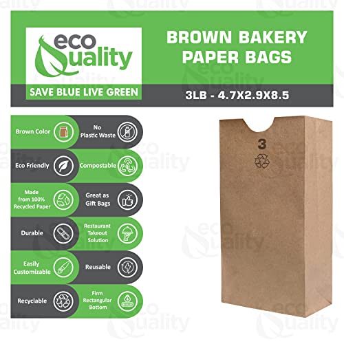 EcoQuality 200 Small Brown Kraft Paper Bag (3 lb) Small - Paper Lunch Bags, Small Snacks, Gift Bags, Grocery, Merchandise, Party Bags (4-3/4
