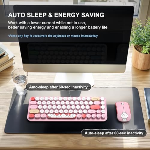 Image of FOPETT Wireless Keyboard and Mouse Cute Mouse and Keyboard 2.4G Wireless Keyboards with Colorful 68 Keys Typewriter Retro Round Keycap for PC, Laptop,Tablet,Computer Windows - Pink Colorful