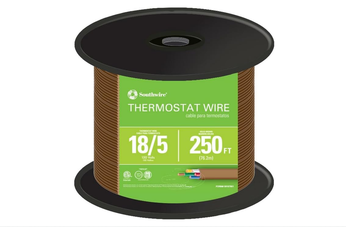 Southwire 18/5 Thermostat Wire, 250 ft, Brown Solid Copper CL2 Cable for HVAC & Alarm Systems