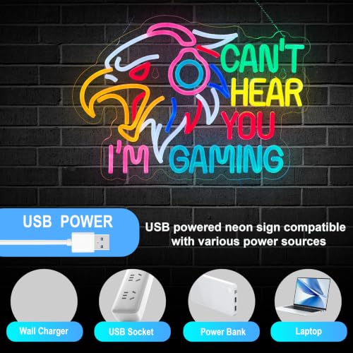 Image of Gaming Neon Sign Can't Hear You I'm Eagle Gamer Light Signs | Game LED Light USB Powered Signs with dimmer for Gamer Zone Room Bedroom Wall Decor Compatible with Timer