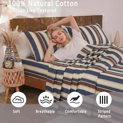 Image of Merryword Blue Cabana Striped Sheet Set King Size - 100% Cotton Striped Bedding 4 Pieces, Soft Breathable Percale Weave, 17.5 inch Deep Pocket, Luxury Linen Like, All Season Comfort