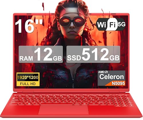 Ordenador Portátil 16 Pulgadas Celeron N5095 Up to 2.9Ghz, Portátil Win 11 con 5G WiFi 12+512GB SSD Expansión 1TB, BT 4.2 Mini Puerto Multimedia Portatiles Ventilador Refrigeración 1920*1200-Rojo