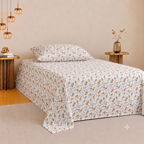 Image of IVAZA 220 TC Soft Ezyption Cotton Floral Single Bed Sheet - Single bedsheet with 1 Pillow Cover Hypoallergenic, Brethable, (Size- 90 x 60 Inch Brown & White