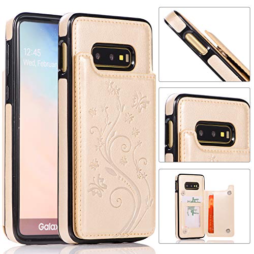 QFUN Back Wallet Case for Samsung Galaxy S10e with Stand, Elegant Embossed Design [Butterfly Flower] Lightweight Slim Fit Leather Phone Case with Card Holder Protective Bumper Flip Cover - Gold