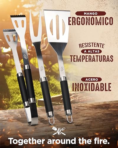 HORUS 23 Kit Barbacoa Hombre Regalo – Set de 4 Utensilios en Acero INOX con Bolsa Porta Herramientas: Pinzas, Espátula, Tenedor y Guantes Barbacoa - imagen 2