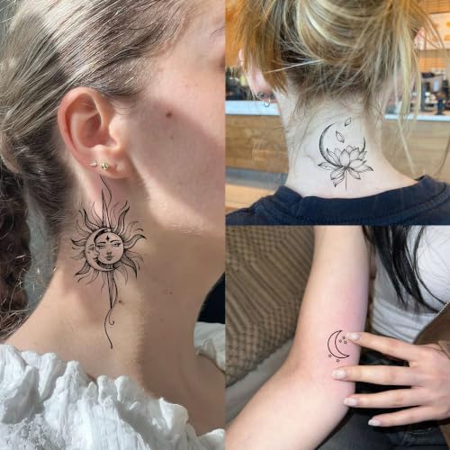 Image of Bilizar 20 Sheets Chic Crescent Moon Temporary Tattoos For Women Adults Finger Hand Neck Ear Tattoo Sticker, Realistic Black Floral Crescent Pendant Fake Jewelry Tattoos Long Lasting Waterproof Tatoos