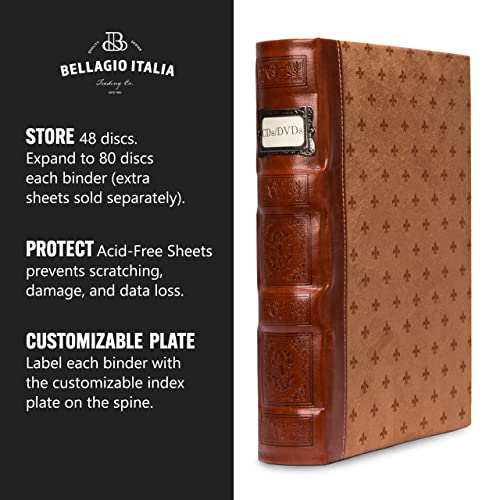 Bellagio-Italia Tuscany Cd/Dvd Storage Binder Set - Leather - 96-Disc Capacity - Storage Organizer For Dvds, Cds, Blu Rays, & Video Games - Acid-Free Binder Organizer Sheets - 2 Pack - Cognac #TOP4