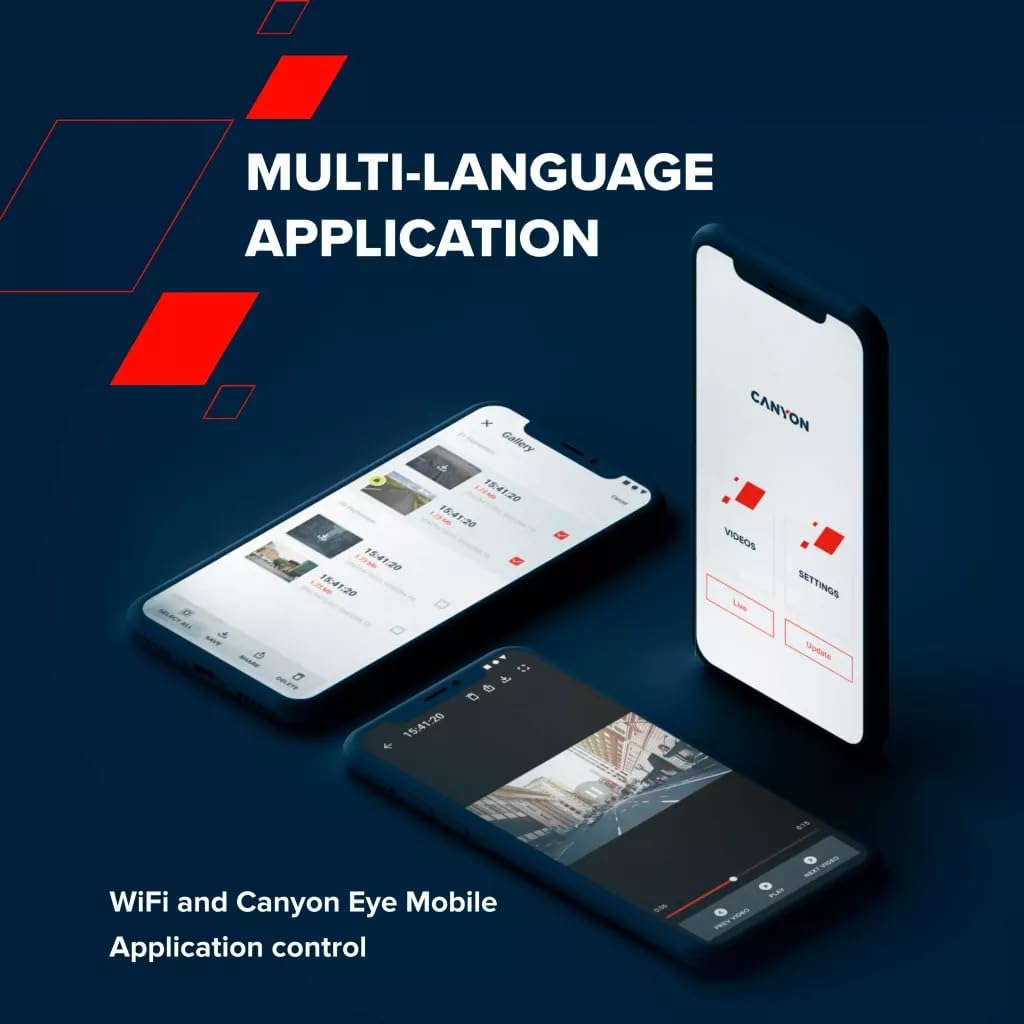 Canyon Eye mobile application interface on smartphones, showing video gallery and settings