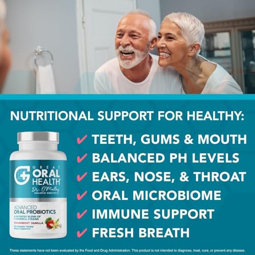 Image of Oral Probiotics for Mouth Bad Breath Treatment for Adults; Dentist Formulated Dental Probiotics for Teeth and Gums, Chronic Halitosis with BLIS K12 M18, Chewable Oral Health Tablets Strawberry Vanilla