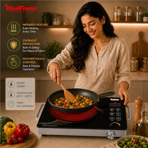 Image of Flair 2200W Infrared Cooktop, ISI Certified with Steel Grill Rack, Crystal Glass Top, Touch Panel & Digital Display, 4 Preset Modes - Stir Fry, BBQ, Hot Pot & Steam, Black
