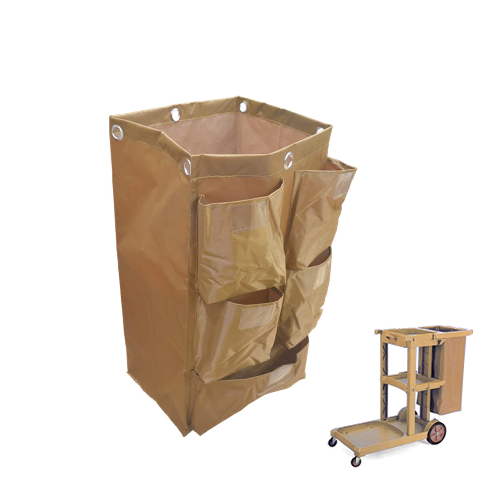 Replacement Janitorial Cart Bag, High Capacity Waterproof Thickened Housekeeping Commercial Janitorial Cleaning Cart Bag with 6 Brass Grommets - 25 Gallon (Brown with 5 Pockets)
