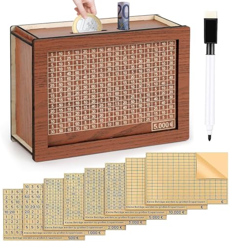 Spardose aus Holz mit 1 wasserlöslicher Stift und 8 Aufklebern(500-10000) Retro Sparbüchse Aufbewahrungsbox Wiederverwendbare Spardose mit Sparziel und Zahlen zum ankreuzen (5000 +8 Aufkleber)