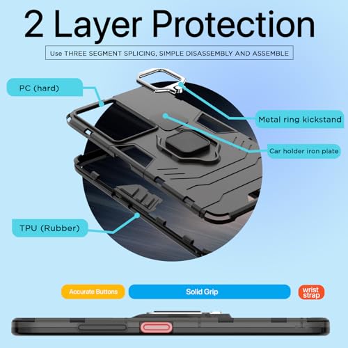 Image of Pikkme Back Cover for Realme Narzo 80x 5G / Realme P3x 5G / Realme 14X 5G D5 Tough Armor | 360 Protection Case | Ring Holder Stand Bumper Case (Black)