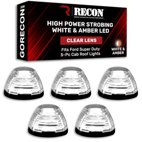 RECON - Fits 1999-2016 Super Duty (F250, F350, F450, F550) 5-Piece Cab Roof Light Kit High Power Strobe LED White & Amber & Running Lights Smoked or Clear Lens (CLEAR LENS)