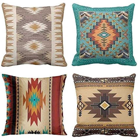 Jbralid Tribal Western Geometric Colorful Nature Color Patterns Orange Cotton Linen Indoor Decor Throw Pillow Cover Case Set of 4, 18x18 in Cover
