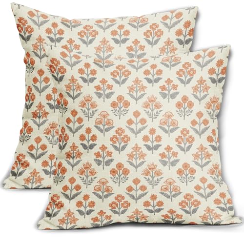 Orange Grey Gray Floral Block Print Pillow Covers 18x18 Inch Set of 2, Vintage Flower Pattern Decorative Throw Pillowcases Outdoor Farmhouse Cushion Covers Spring Summer Rustic Sofa Couch Bed Decor