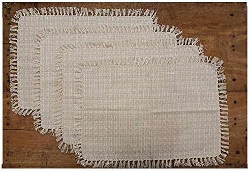 Set of 4 Placemats, Natural / Ivory Woven Fringed,100% Cotton, Size 13x19 Inch, Suitable for Formal Dining, Everyday Meals and Casual Occasions.