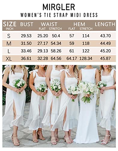 Mirgler Womens Dark Green Tie-Up Square Neck Strap Satin Dress For Women Smocked Back High Waist Ruffle Side Slit Beach Cocktail Evening Party Elegant Bridesmaid Midi Dresses S #TOP5