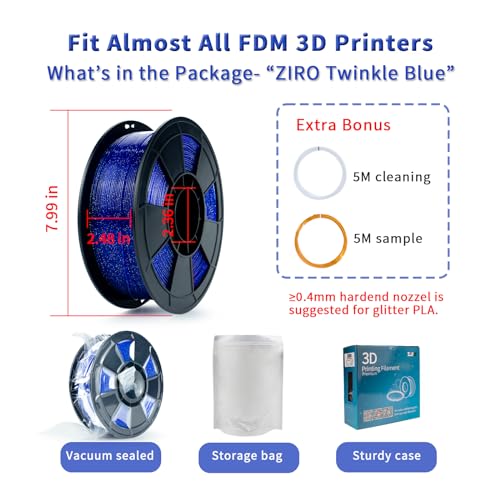 Image of ZIRO Glitter PLA Filament 1.75mm, Sparkle Translucent 3D Printer Filament, Twinkle Series 2.2lbs Spool, Neatly Wound, Fit Most FDM 3D Printers, Twinkling Blue