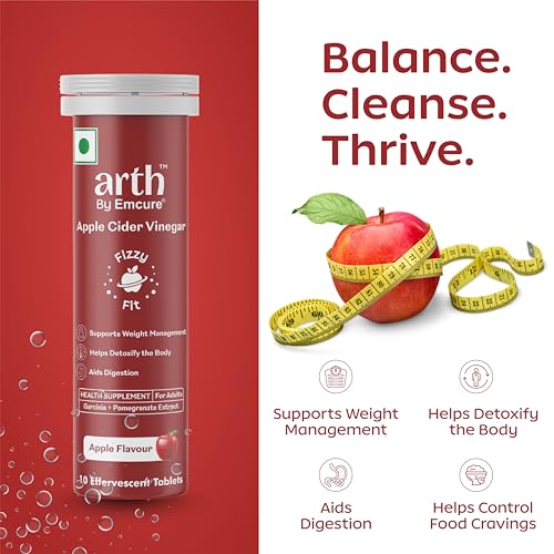Image of Arth Apple Cider Vinegar Effervescent Tablets 500mg | Supports Weight Management, Metabolism & Gut Health | Garcinia Cambogia, Pomegranate Extract | Vit B6 B12 | Apple Flavour | 10 Tablets