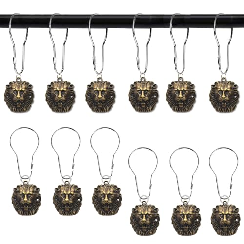 12 PCS Lion Shower Curtain Hook Animal Shower Curtain Hook Rust Proof Metal Stainless Steel Curtain Ring Nature Animal Vintage Theme Bathroom Decor for Bathroom Bedroom Living Room