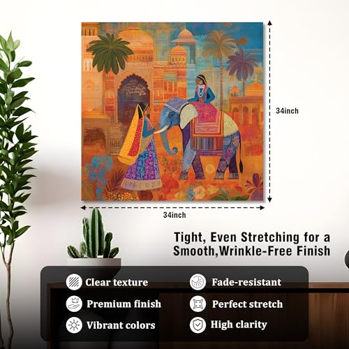 Image of PAINTINGMANTRA Rajasthani Elephant Art Stretched Canvas Painting for Living Room | Indian Ethnic Painting Wall Decor Art For Livingroom, Bedroom, Office, Hallways - 34x34 Inch