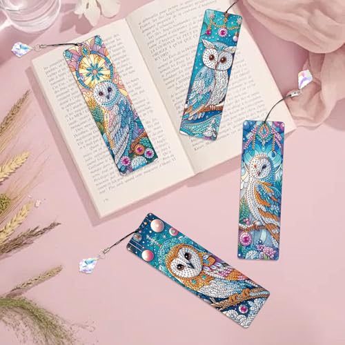 Image of 4-Piece DIY 5D Diamond Painting Bookmark Kits, Owl Special Shaped Crystal Rhinestones Book Marks, Handmade Diamond Art Bookmarks with Crystal Pendant Tassels, Decorative Craft Gift Set for Adults