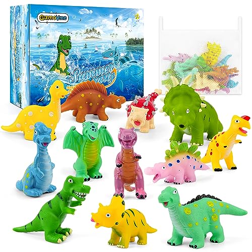 Image of Dinosaur Bath Toys Pool Toys for Toddlers 12 Pack Bathtub Toys Dino Mold Free Bath Toys for Boys and Girls Safe Dinosaur Figures Playset Water Squirts Toys with Bath Toy Organizer for Kids (Style 1)