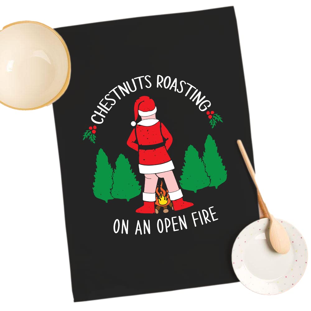 SMARTYPANTS Chestnuts Roasting On An Open Fire Tea Towel - Novelty Rude Crude Funny Joke Christmas Song Lyrics Xmas Festive Santa Balls Kitchen Home Gift Bag Present (Black Prime)