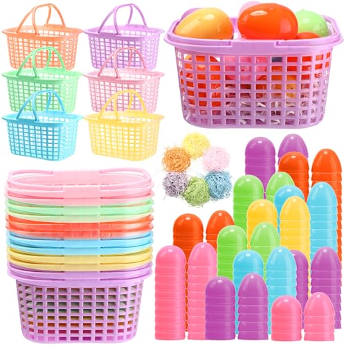 Weysat 108 Pack Plastic Small Easter Baskets Bulk for Adult 12 Pastel Plastic Mini Baskets 96 Easter Eggs Hunt Kit Empty and 60g Grass Filling Small Colorful Buckets with Handles for Spring Gift Decor
