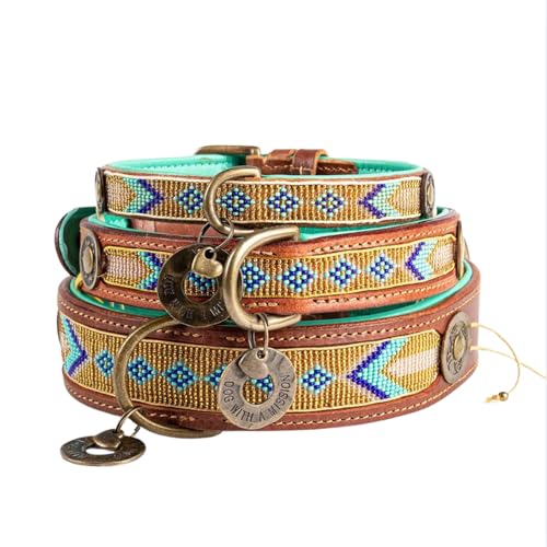 Dog with a Mission - Hundehalsband S | Türkis und Gold, geometrisches Perlenmuster | Boho, Ethno, Hippie | Mittelgroße Hunde | Handgemacht | Modisch und Bunt | Weiches Echtes Leder | 2,5 cm Breit