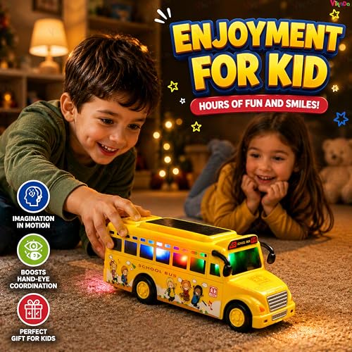 Image of VikriDA Friction Powered School Bus Toy for Kids | Light & Sound Battery Operated Vehicle with LED Effects