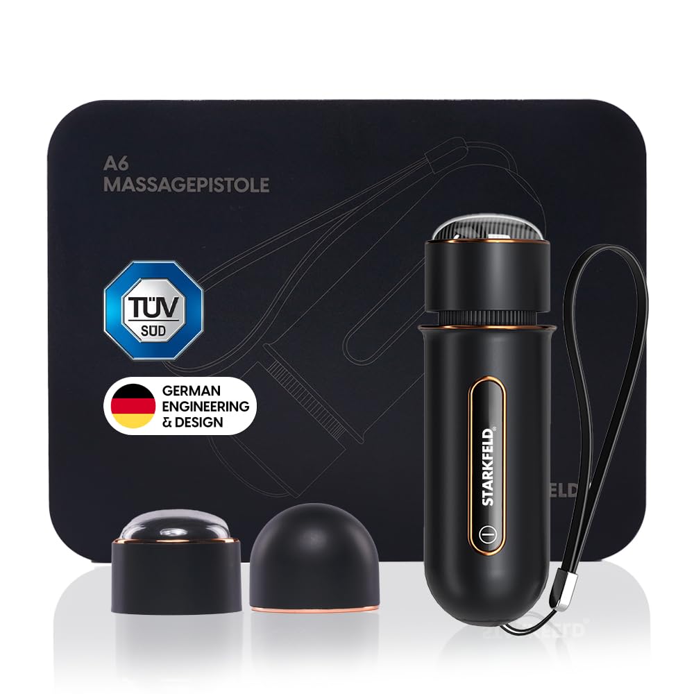 STARKFELD® STARKGUN® Mini – kompaktowy pistolet do masażu tkanek głębokich | cichy i wydajny | 2 nasadki | ultra lekki i przenośny | eleganckie wzornictwo | regeneracja mięśni i łagodzenie bólu