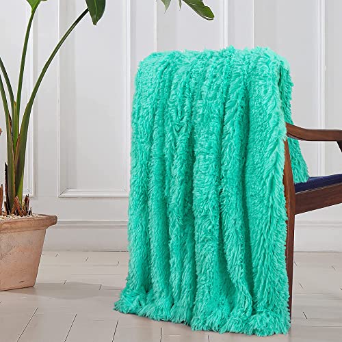 Image of Tuddrom Decorative Extra Soft Faux Fur Throw Blanket 50 inchx60 inch,Solid Reversible Fuzzy Lightweight Long Hair Shaggy Blanket,Fluffy Cozy Plush Fleece Comfy Microfiber Blanket for Couch Sofa Bed,Teal Blue
