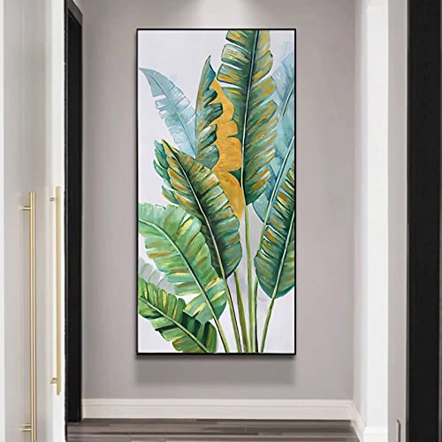 Peinture à l'huile sur toile paysage abstrait feuille de bananier dorée vert 110x220