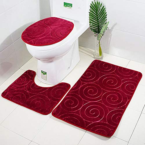MANNUOSI Nouveau Tapis de Bain antiderapantm,Tapis Salle Bain 3 pièces Ensemble de Tapis de Salle de Bain Contour Tapis Toilette WC(Red)