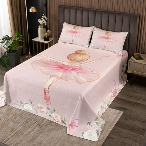 Homewish Ballet Girl Bedspread Set Twin Size for Kids,Boys Girls Pink Bow Quilt Set Flowers Coverlet Dance Art Bedspread 3 Piece Decorative Bedding Quilted with 1 Pillow Shams