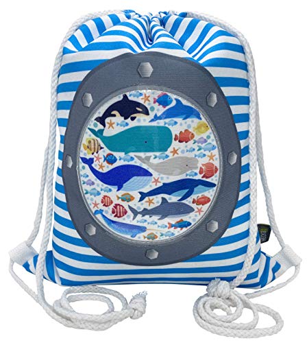 HECKBO Kinder Turnbeutel Mädchen Junge - Fisch Motiv mit Bullauge inkl. Plastikfenster - 33x26cm - Kindergarten, Kita, Krippe - Rucksack, Beutel, Sporttasche, Sportbeutel Kindergartenrucksack