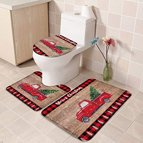 3-teiliges Badteppich-Sets, Weihnachts-LKW mit Weihnachtsbäumen rot schwarz Büffel-Plaid Badezimmer Matten-Set für Weihnachtsdekoration, U-förmiger Kontur-Toilettenvorleger, WC-Deckelbezug – Bild 5
